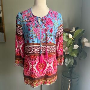Floral Boho Women's Top tassel embroidered blue pink blouse small cottage core